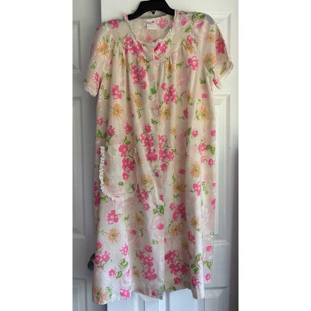 VTG Smart Time House Coat Sleep Dress Floral Nightgown Granny Loungewear M Pink